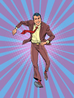 Başarıya giden yol. Kariyer basamaklarında ilerliyorum. Geliştirmek ve profesyonel olmak için motivasyon. Takım elbiseli bir ofis çalışanı koşuyor. Pop Art Retro Vector İllüstrasyon Kitsch Vintage 50 'ler 60' lar