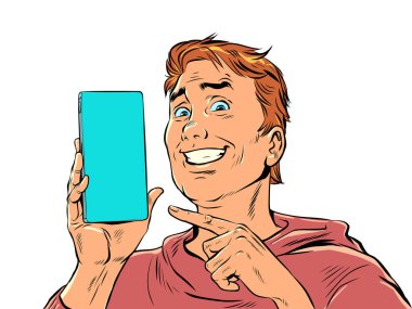 Kızıl saçlı bir adam gülümsüyor ve telefonu işaret ediyor. Ürün tanıtımı ya da akıllı telefondan teklif. Mükemmel bir alışverişin keyfi. Pop Art Retro Vector İllüstrasyon Kitsch Vintage 50 'ler 60' lar Tarzı