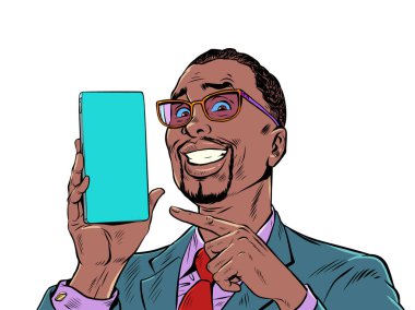 A man with black hair and fashionable glasses smiles and points to the phone. Product demonstration or offer on smartphone. The joy of a perfect purchase. Pop Art Retro Vector Illustration Kitsch