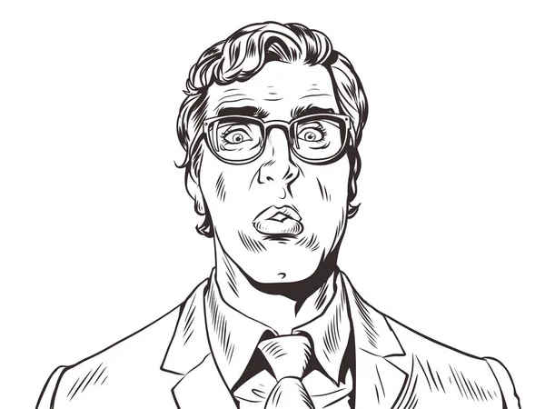 对这一决定感到焦虑和焦虑 黑白插图 一个穿西装戴眼镜的男人很惊讶很困惑流行艺术复古矢量插图Kitsch复古50年代风格 在一个白色的 — 图库矢量图片