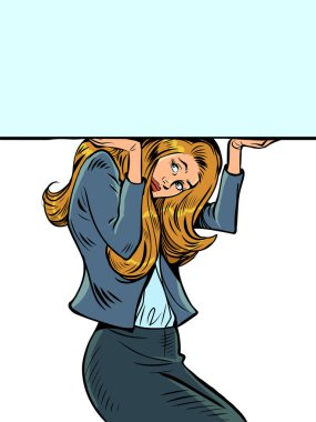 Ofis çalışanlarına baskı. Hizmet teklifleri, çok çalışanlar için mallar. Düzgün bir ofis hanımı yukarıdan bir afiş tutuyor. Pop Art Retro Vector Illustration Kitsch Vintage 50 'ler 60' lar tarzı. Beyazın üstünde