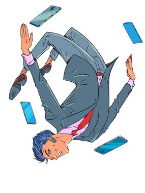 Multimedya teknolojileri. Mobil uygulama özellikleri. Telefon fonksiyonlarının genişletilmesi. Anime tarzı telefonların arasında gezinen bir adam. Pop Art Retro Vector Illustration Kitsch Vintage 50 'ler 60' lar tarzı. Beyazın üstünde