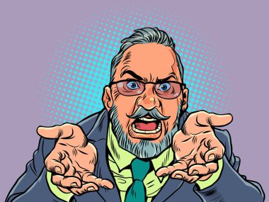 Hüsrana uğramış patron ya da çalışan. Müşteri hizmetinden memnun değil. Gözlüklü ve takım elbiseli yetişkin bir adam elleriyle bağırıyor. Pop Art Retro Vector İllüstrasyon Kitsch Vintage 50 'ler 60' lar Biçimi