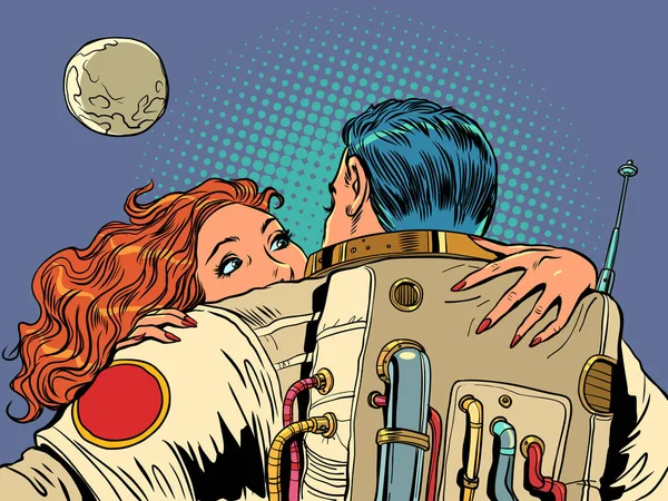 离得很远的夫妻之间的关系 从远方等待心爱的人 女孩拥抱着宇航员 流行艺术复古矢量插图Kitsch复古50年代风格 — 图库矢量图片