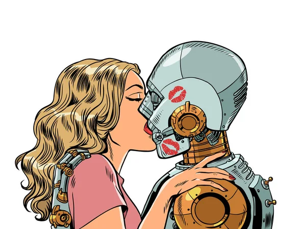 인공지능 사람들의 허구적 사람들 관계를 대신하라 소녀는 로봇에게 키스한다 Pop — 스톡 벡터