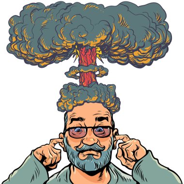 Brain explosion. A strong load on the thoughts of a person. A man with a beard and glasses plugs his ears while he has an explosion on his head. Pop Art Retro Vector Illustration Kitsch Vintage 50s clipart