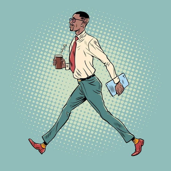 Πρωινή Εργασία Ρουτίνας Ενός Υπαλλήλου Γραφείου Αφροαμερικάνος Επιχειρηματίας Πηγαίνει Στη — Διανυσματικό Αρχείο