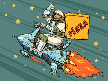 Dünyanın her yerine yüksek kalite ve güvenli teslimat. Astronot bir uzay gemisinde uçar ve pizza dağıtır. Pop Art Retro Vector İllüstrasyon Kitsch Vintage 50 'ler 60' lar Biçimi