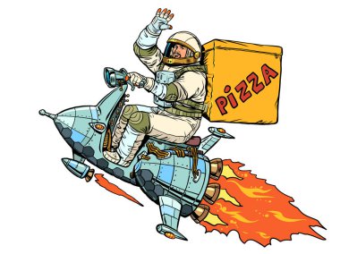 Dünyanın her yerine yüksek kalite ve güvenli teslimat. Astronot bir uzay gemisinde uçar ve pizza dağıtır. Pop Art Retro Vector Illustration Kitsch Vintage 50 'ler 60' lar tarzı. Beyaz bir arkaplanda