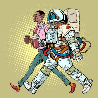 Herkese lezzetli ve sıcak kahve. Evren boyunca teslimat. Bir erkek ofis çalışanı ve bir astronot birlikte yürür ve bir fincan kahve içerler. Pop Art Retro Vector İllüstrasyon Kitsch Vintage