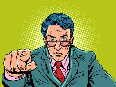 Şefin seçimi. Müşteri sevdiği ürünü işaret ediyor. Takım elbiseli ve gözlüklü bir adam parmağıyla işaret ediyor. Pop Art Retro Vector İllüstrasyon Kitsch Vintage 50 'ler 60' lar Biçimi