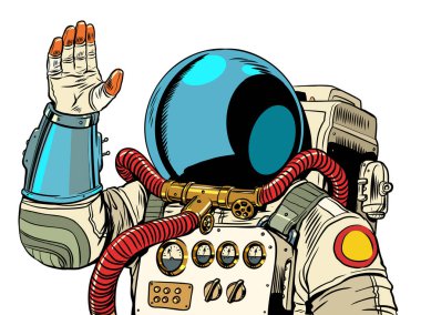 Uzay keşfi gittikçe yaklaşıyor. Astronot elini sallıyor. Tüm ihtişamıyla galaksiler arası takım elbise. Pop Art Retro Vector Illustration Kitsch Vintage 50 'ler 60' lar tarzı. Beyaz bir arkaplanda