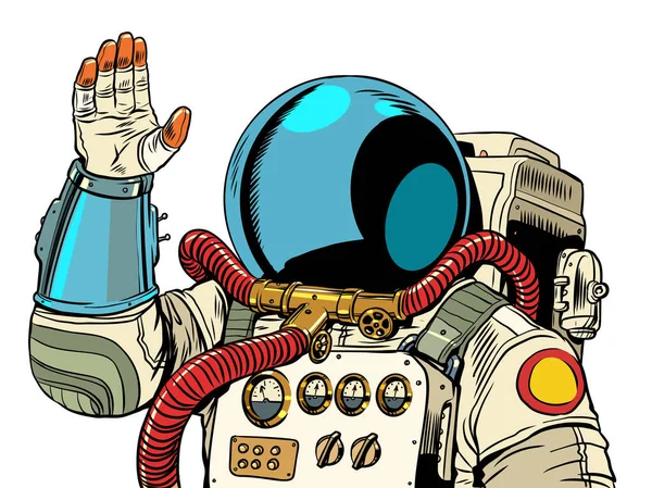Udforskningen Rummet Nærmer Sig Astronauten Vifter Med Hånden Intergalaktisk Jakkesæt Royaltyfrie stock-illustrationer