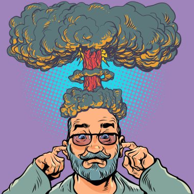 Beyin patlaması. Bir insanın düşüncelerinde güçlü bir yük vardır. Kafasında bir patlama varken sakallı ve gözlüklü bir adam kulaklarını tıkar. Pop Art Retro Vector İllüstrasyon Kitsch Vintage 50 'ler