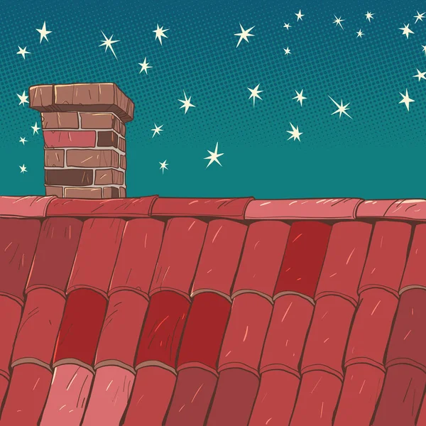 从带有烟囱的房子的屋顶上升起圣诞的天空 背景下的季节性假日气氛 房子的屋顶在晚上 流行艺术复古矢量插图Kitsch复古50年代风格 — 图库矢量图片