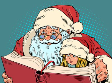 Noel 'i sevdiklerinle geçirmek. Noel Baba küçük bir kıza kitap okuyor. Kitapçılar ve pazarlar için sezonluk satışlar. Pop Art Retro Vector İllüstrasyon Kitsch Vintage 50 'ler 60' lar Biçimi