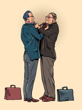 Toplumda insanlar arasında çatışma. İki şirket çalışanı fiziksel olarak birbirlerini zapt ediyorlar. Rakipler arasında psikolojik baskı ve şiddet iş başında. Pop Art Retro Vector İllüstrasyon Kitsch Vintage