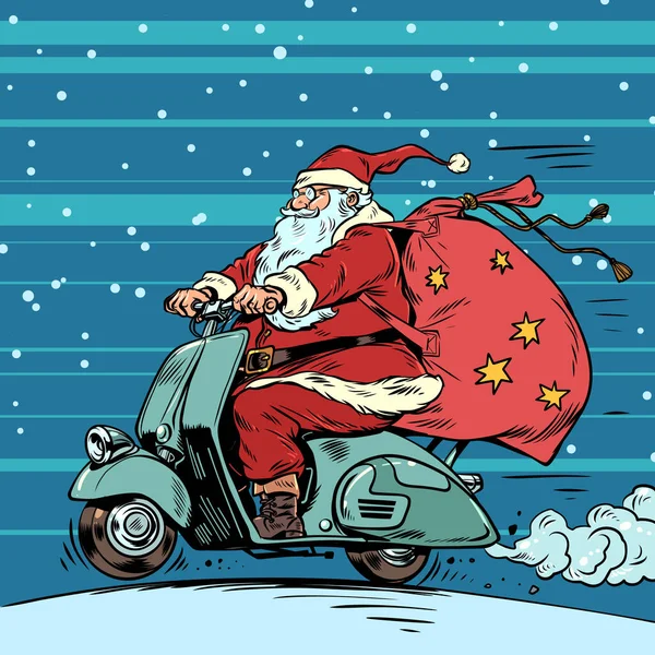 Crăciunul Apropie Două Roți Moș Crăciun Călătorește Moped Pungă Cadouri Vectori de stoc fără drepturi de autor