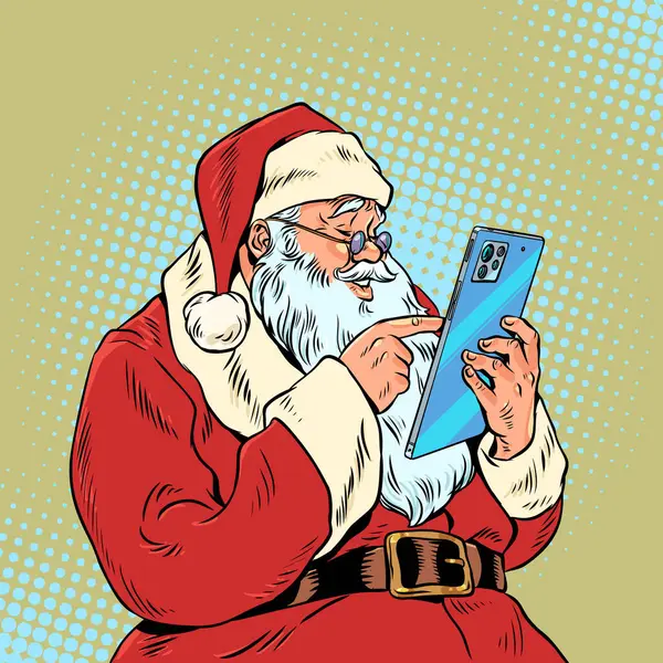 Різдвяна Розсилка Друзям Родині Привітаннями Санта Клаус Тримає Телефон Прокручує Стокова Ілюстрація