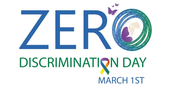 stock vector Zero Discrimination Day. Text with butterflies and slogan in circular shape on white background.March 1.