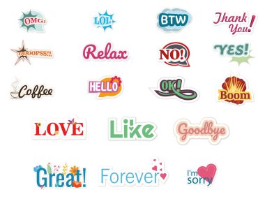 Stickers of different expressions with different shapes and colors on white backgrounds clipart