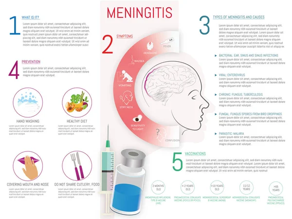 Infografía Meningitis Síntomas Tipos Prevención Vacunas Con Los Iconos Correspondientes — Vector de stock
