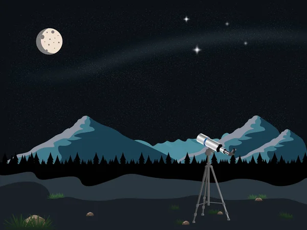 Evreni Keşfedin Astronomi Günü Kutlayın Planda Bir Teleskopun Gece Manzarası — Stok Vektör
