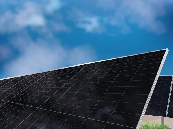 Pannelli Solari Trasformano Raggi Solari Energia Elettrica Utilizzabile Terreno Con — Vettoriale Stock