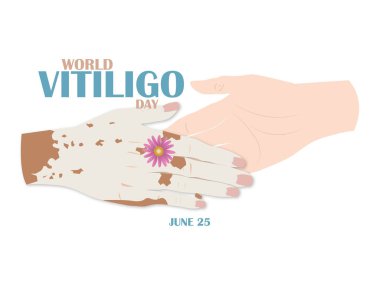 Dünya Vitiligo Günü. 25 Haziran. İki el beyaz bir arkaplanda el ele tutuşuyor. Biri vitiligo, diğeri ise bu hastalığın damgalanmasından kaçınıyor..
