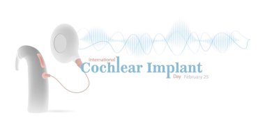 Uluslararası Koklear İmplant Günü 25 Şubat. Koklear implantı ve ses dalgalarının mavi tonda ve beyaz arkaplanda simülasyonu.