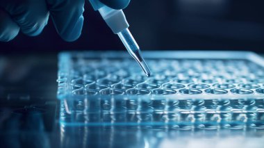 Elinde pipeti olan bir araştırmacı örnek kuyularını dolduruyor. Dosya Ai kullanarak oluşturuldu