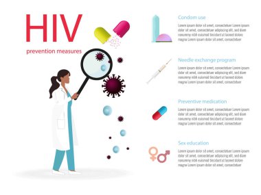 HIV 'i büyüteçle inceleyen bir bilim adamını gösteren vektör bilgisi, prezervatif, ilaç ve seks eğitimi ikonlarını içeriyor