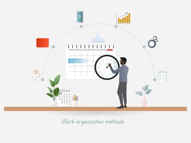Çalışma düzenleme, takvim ve saat kullanarak grup görevleri planlama, verimli çalışma organizasyonu yöntemleri ve zaman yönetimi sembolize