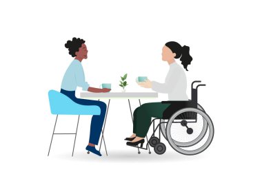 Kahve molası veren iki iş kadını, gündelik hayatı ve çeşitliliği modern ofis ortamında kucaklarken dahil olmayı ve bağlantıyı kutluyorlar.