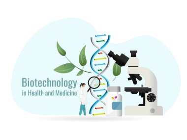 Bilim adamları DNA 'yı araştırmak için büyüteç kullanıyorlar. Mikroskop ve ilaç şişesiyle çift sarmallı yapı, sağlık ve tıptaki biyoteknolojiyi temsil ediyor.