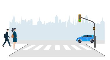 Yaya trafik ışıklarına saygı gösteriliyor. İki öğrenci yaya geçidinde yeşil ışıkla karşıdan karşıya geçerken, mavi bir araba trafik kurallarına uyarak, arka planda bir şehir silüeti bulunarak durduruluyor.