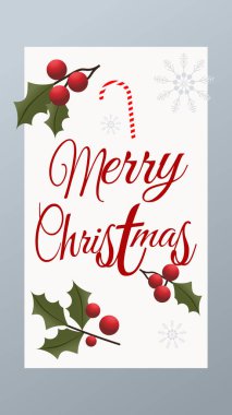 Noel tebrik kartında zarif kırmızı bir yazı vardı. Mutlu Noeller diyordu. Holly, şeker kamışı ve kar taneleriyle süslenmişti.