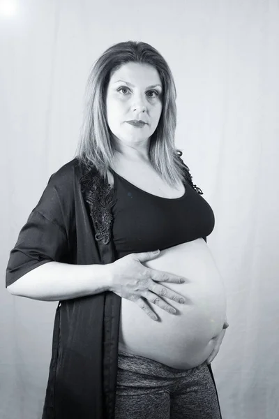 Eight Months Pregnant Woman Posing Black Clothes White Background — Photo