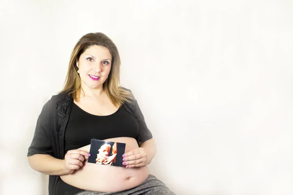 Åttonde Månaden Gravid Kvinna Med Ultraljud Baby Ingen Kopieringsplats — Stockfoto