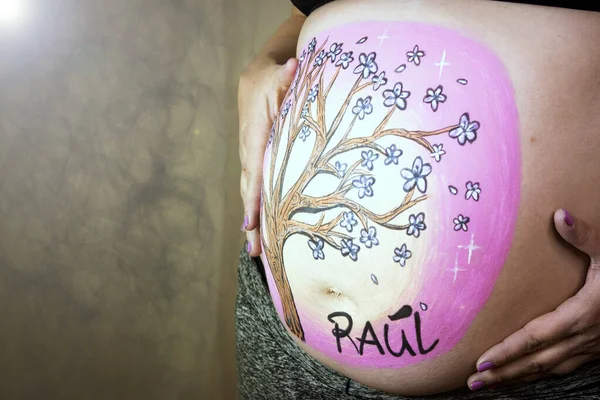 Mujer Embarazada Con Dibujo Vientre Hay Espacio Copia —  Fotos de Stock