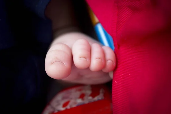 Two Month Old Baby Feet Black Background Sweet Scene — 图库照片