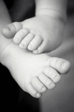 Two month old baby feet on black background. Sweet scene