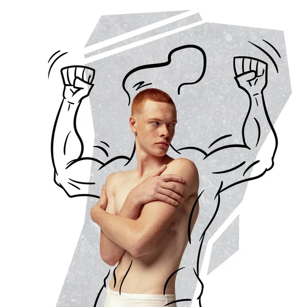 Κολάζ Σύγχρονης Τέχνης Δημιουργικός Σχεδιασμός Όμορφο Νεαρό Άνδρα Ποζάρει Γυμνός — Φωτογραφία Αρχείου