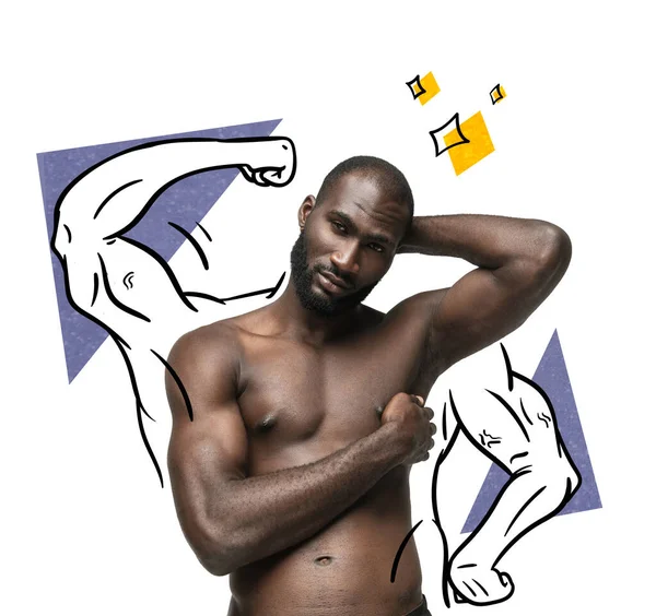 当代艺术拼贴 有创意的设计 年轻男子装扮成赤身裸体 画在身体周围 肌肉强健的身体 女性美的概念 创造力 — 图库照片