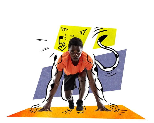 Çağdaş Sanat Kolajı Yaratıcı Tasarım Genç Sporcu Koşu Antrenmanı Yapıyor — Stok fotoğraf