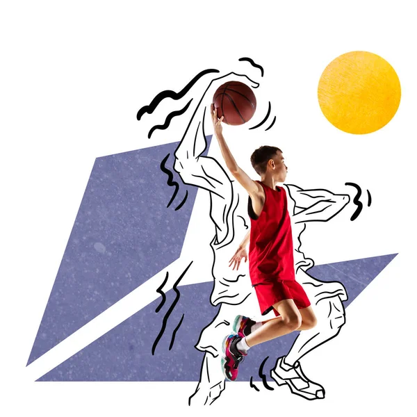 当代艺术拼贴 创意设计 十几岁的男孩 运动员 篮球运动员在运动 强壮有力的肌肉 涂鸦艺术 动力的概念 — 图库照片