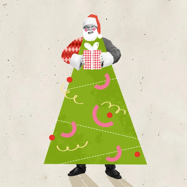 Contemporary art collage. Creative design with senior man in image of Santa Claus wearing Christmas tree costume and holding present. Concept of winter holidays, Christmas, New Year. Copy space for ad
