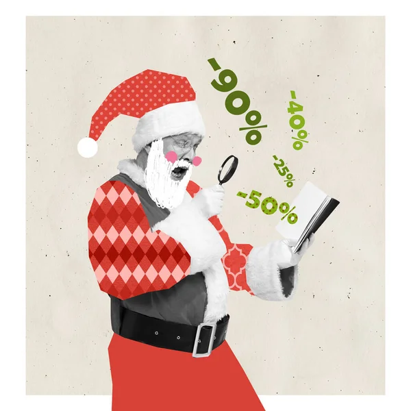 Contemporary art collage. Emotive man in image of Santa Claus looking in magnifying glass on great seasonal sales. Concept of winter holidays, Christmas, New Year, creativity. Copy space for ad, text