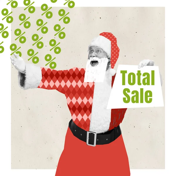 Contemporary art collage. Cheerful and excited man, Santa Claus holding tablet with Total sale reminder. Concept of winter holidays, Christmas, New Year, creativity. Copy space for ad, text