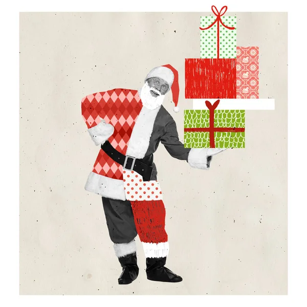 Contemporary art collage. Cheerful senior man in image of Santa Claus holding many present boxes. Merry surprises. Concept of winter holidays, Christmas, New Year, creativity. Copy space for ad, text